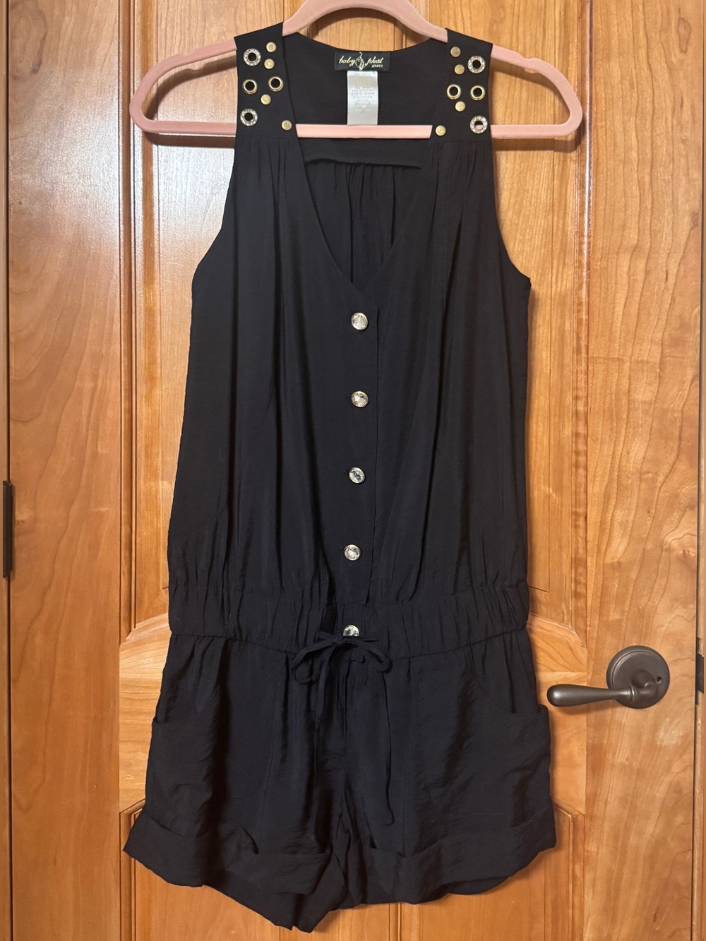 Y2K Baby Phat Black Sleeveless Romper with Gold Grommet Details Size M EUC